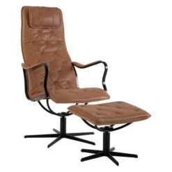 Chic Fåtölj Med Pall Skinn Konjak Metall Svart